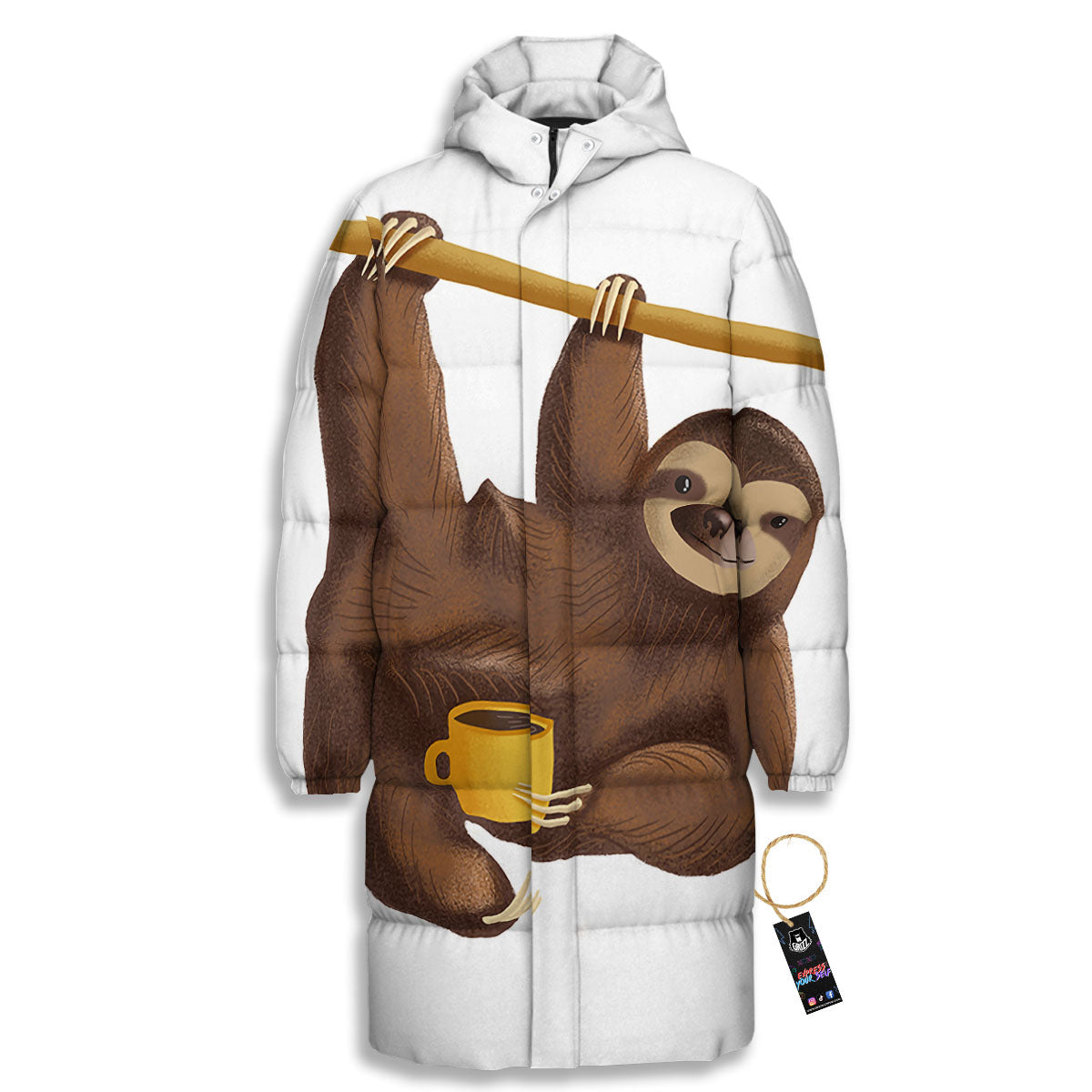 Sloth Happy Print Long Down Jacket-grizzshop