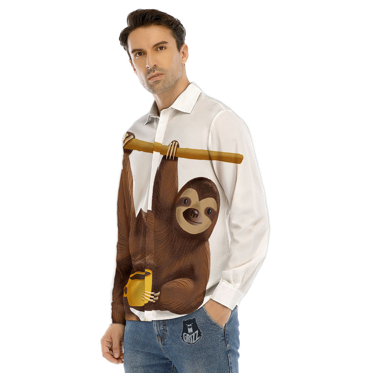 Sloth Happy Print Men's Dress Shirts-grizzshop