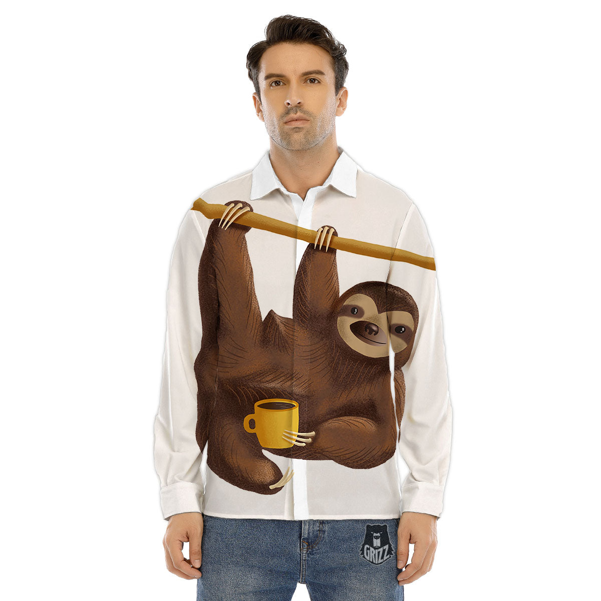 Sloth Happy Print Men's Dress Shirts-grizzshop
