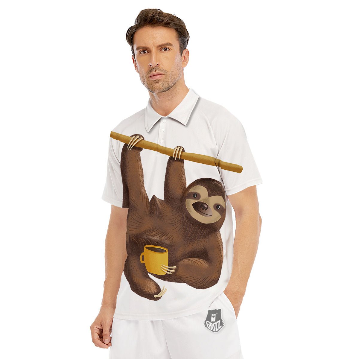 Sloth Happy Print Men's Golf Shirts-grizzshop