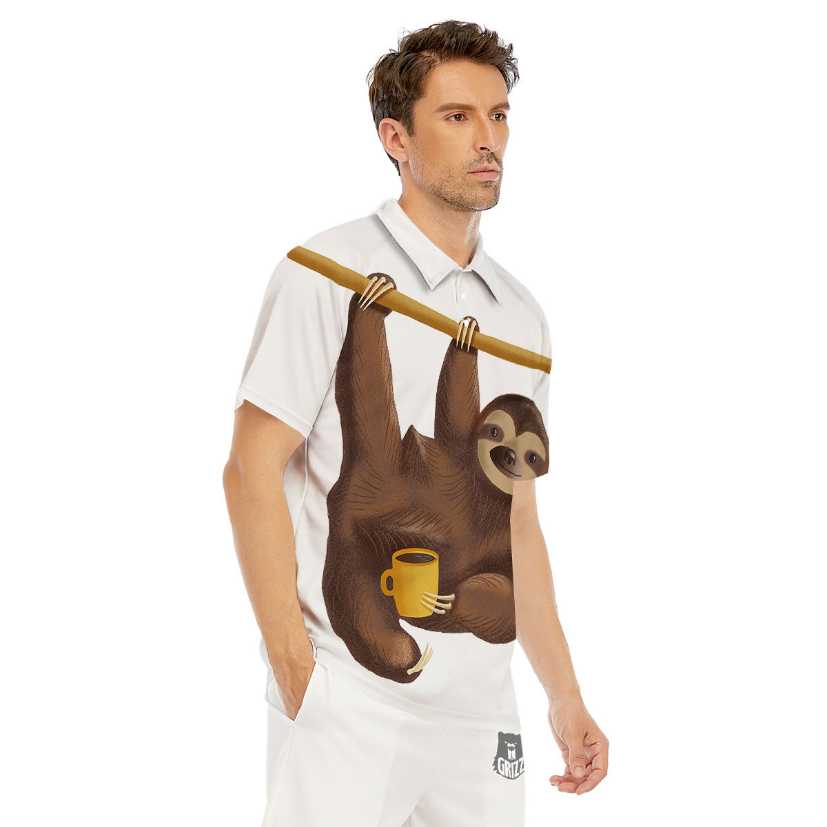 Sloth Happy Print Men's Golf Shirts-grizzshop