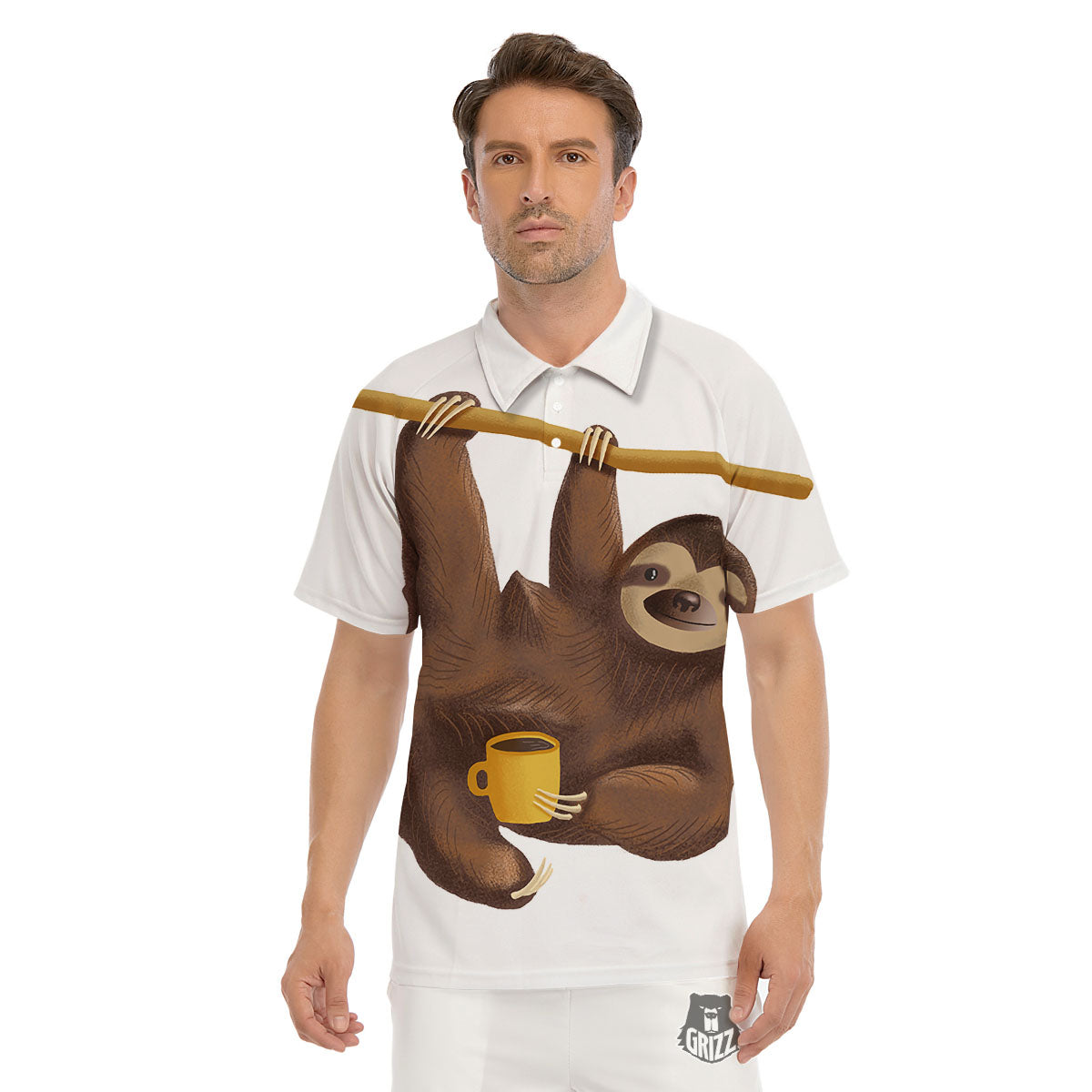 Sloth Happy Print Men's Golf Shirts-grizzshop