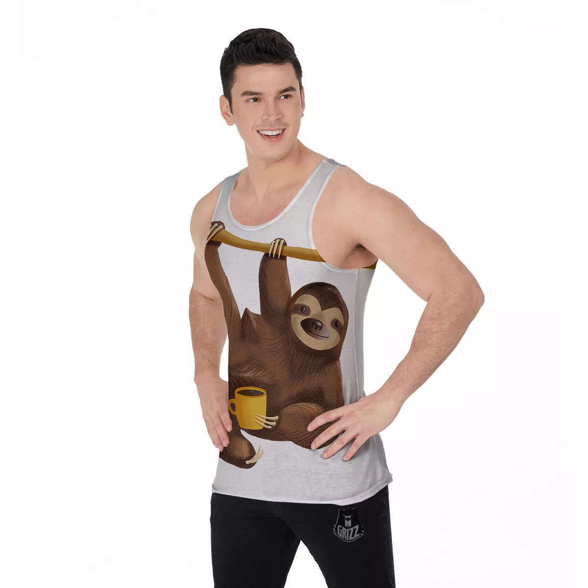 Sloth Happy Print Men's Tank Top-grizzshop
