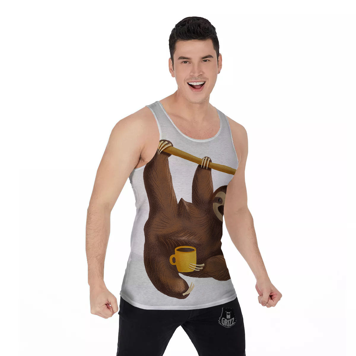Sloth Happy Print Men's Tank Top-grizzshop