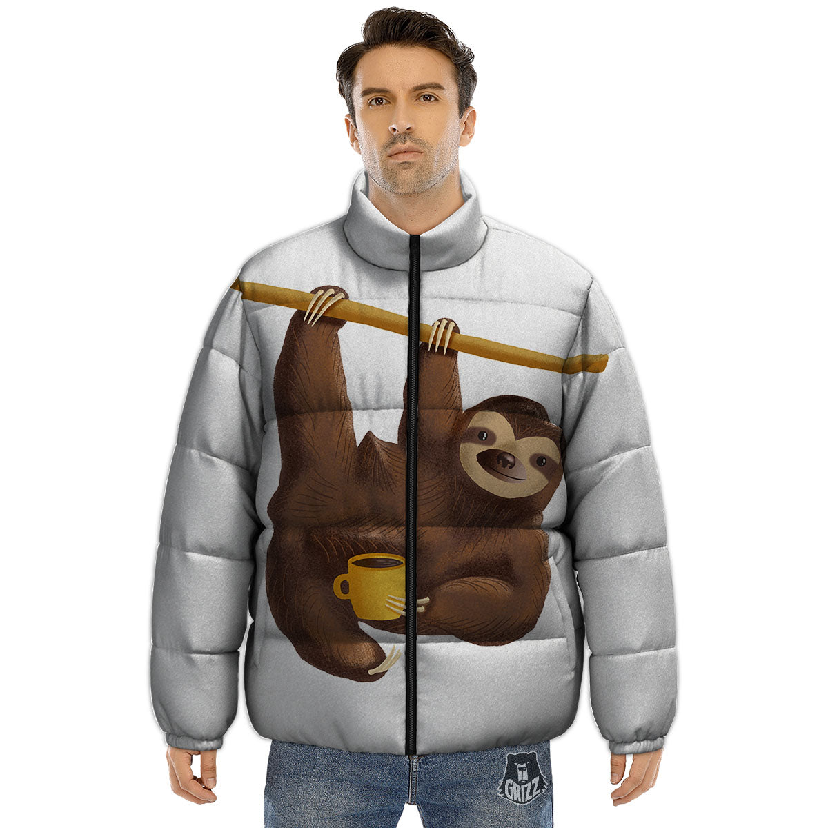 Sloth Happy Print Puffer Jacket-grizzshop