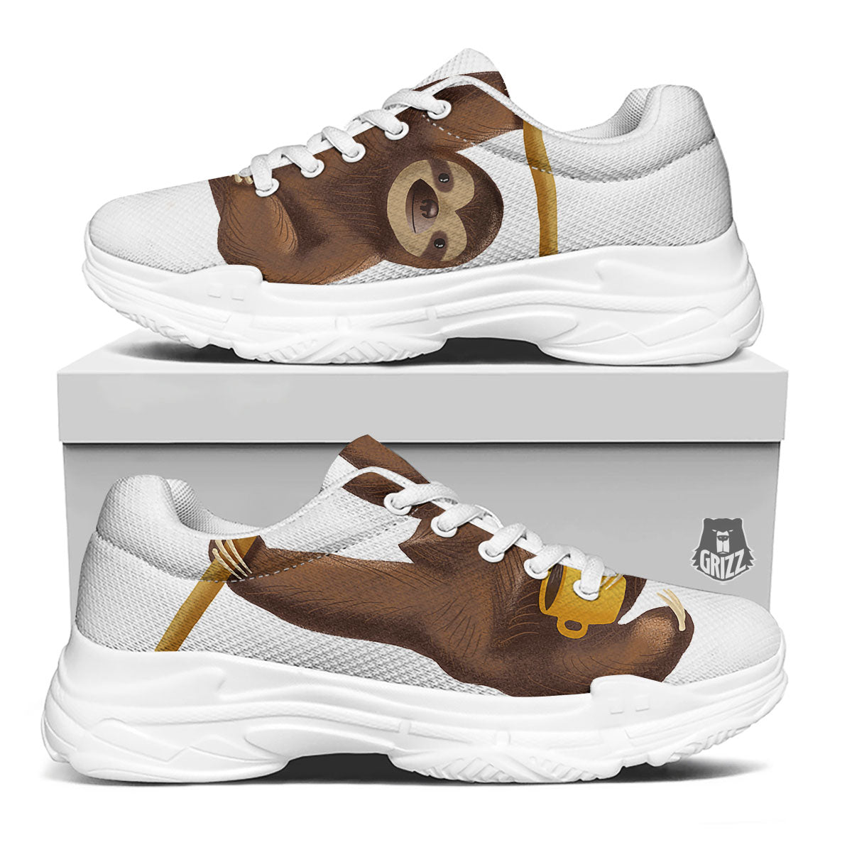 Sloth Happy Print White Chunky Shoes-grizzshop