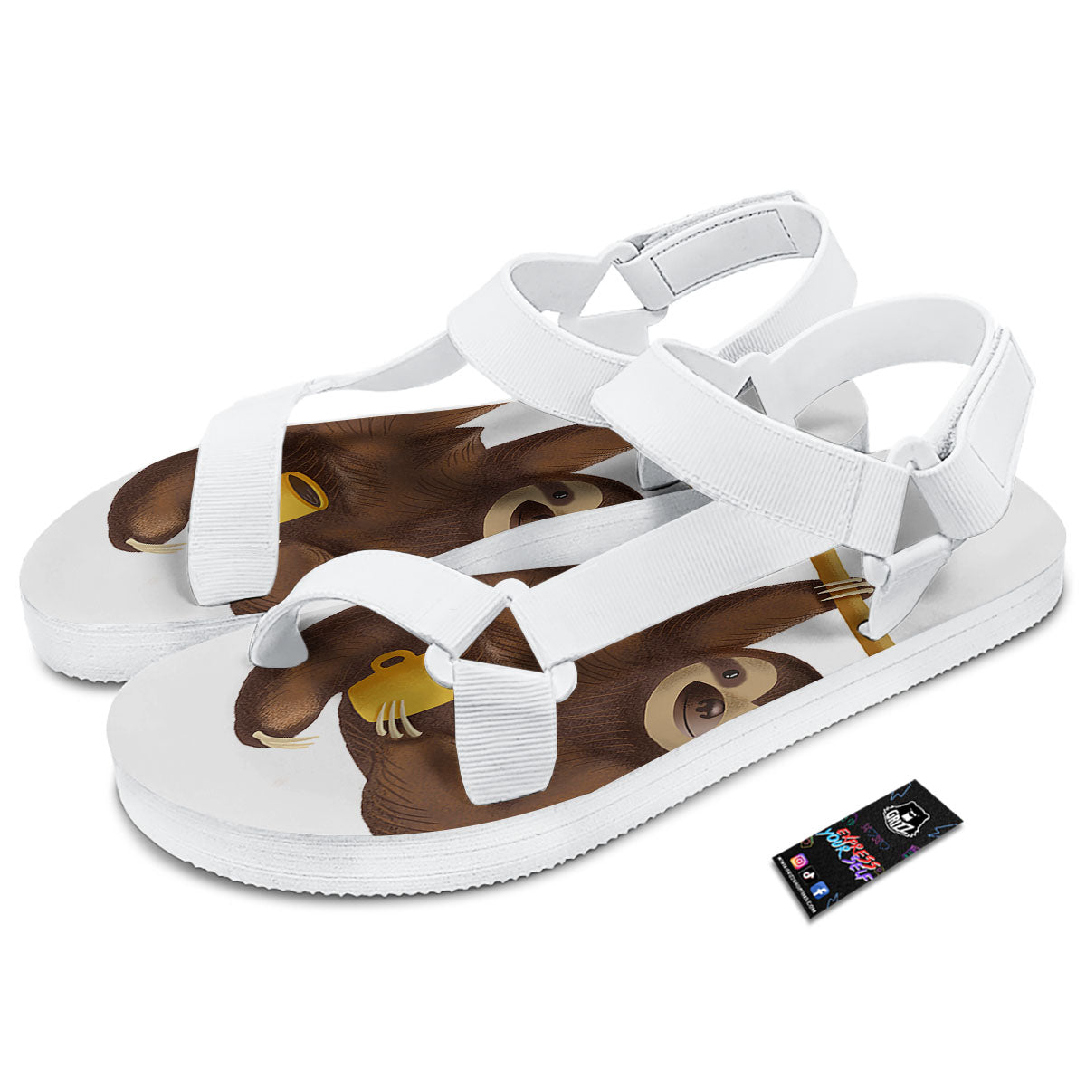 Sloth Happy Print White Open Toe Sandals-grizzshop