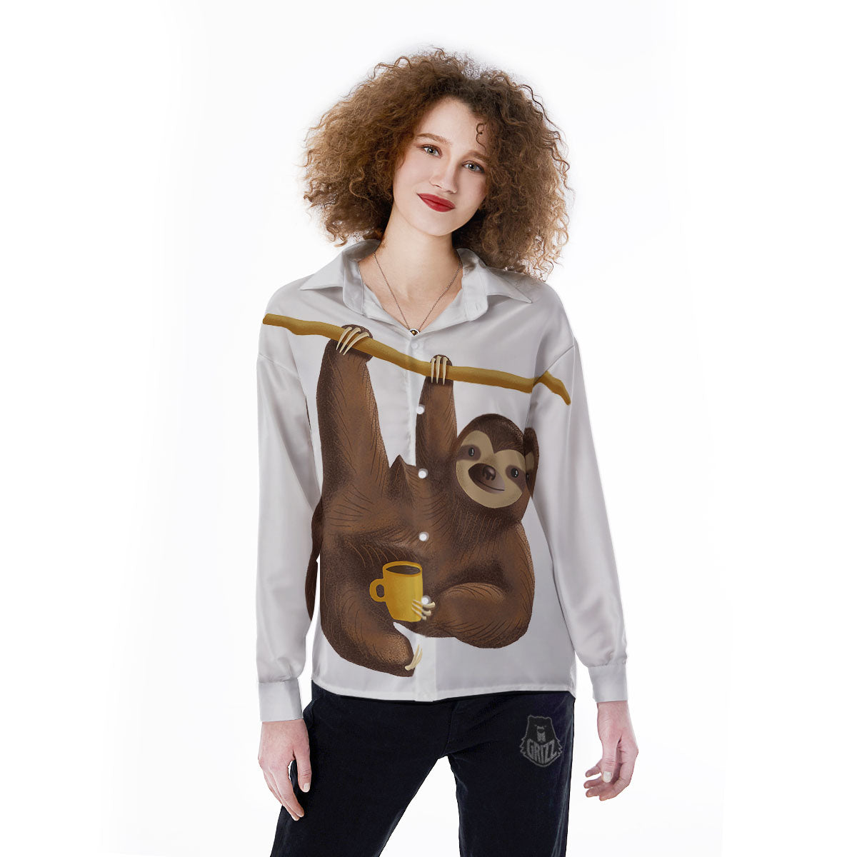 Sloth Happy Print Women's Long Sleeve Shirts-grizzshop