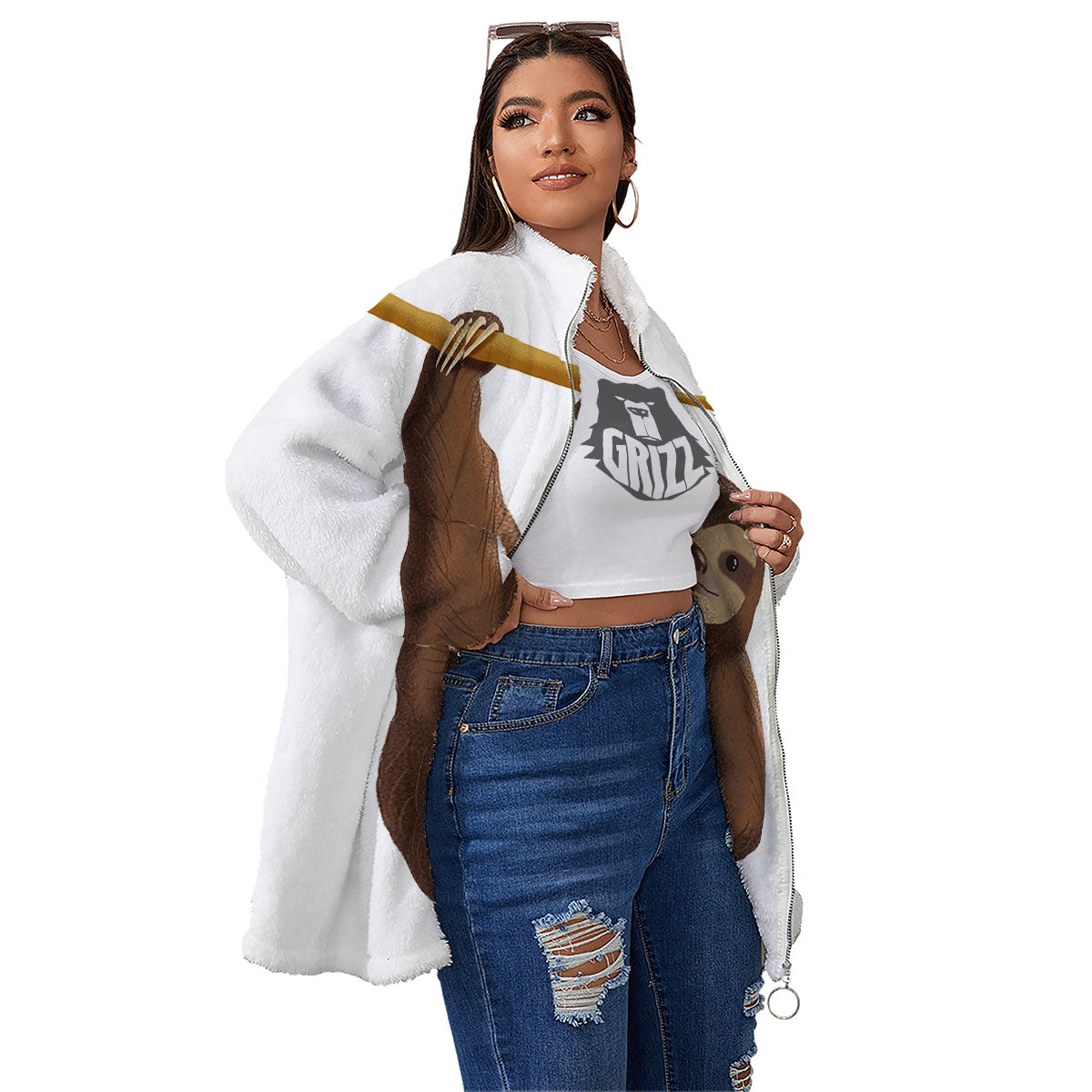 Sloth Happy Print Women's Sherpa Jacket-grizzshop