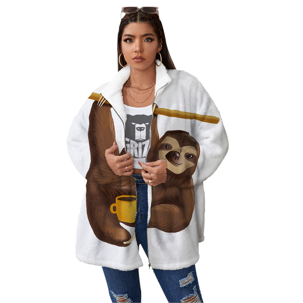 Sloth Happy Print Women's Sherpa Jacket-grizzshop