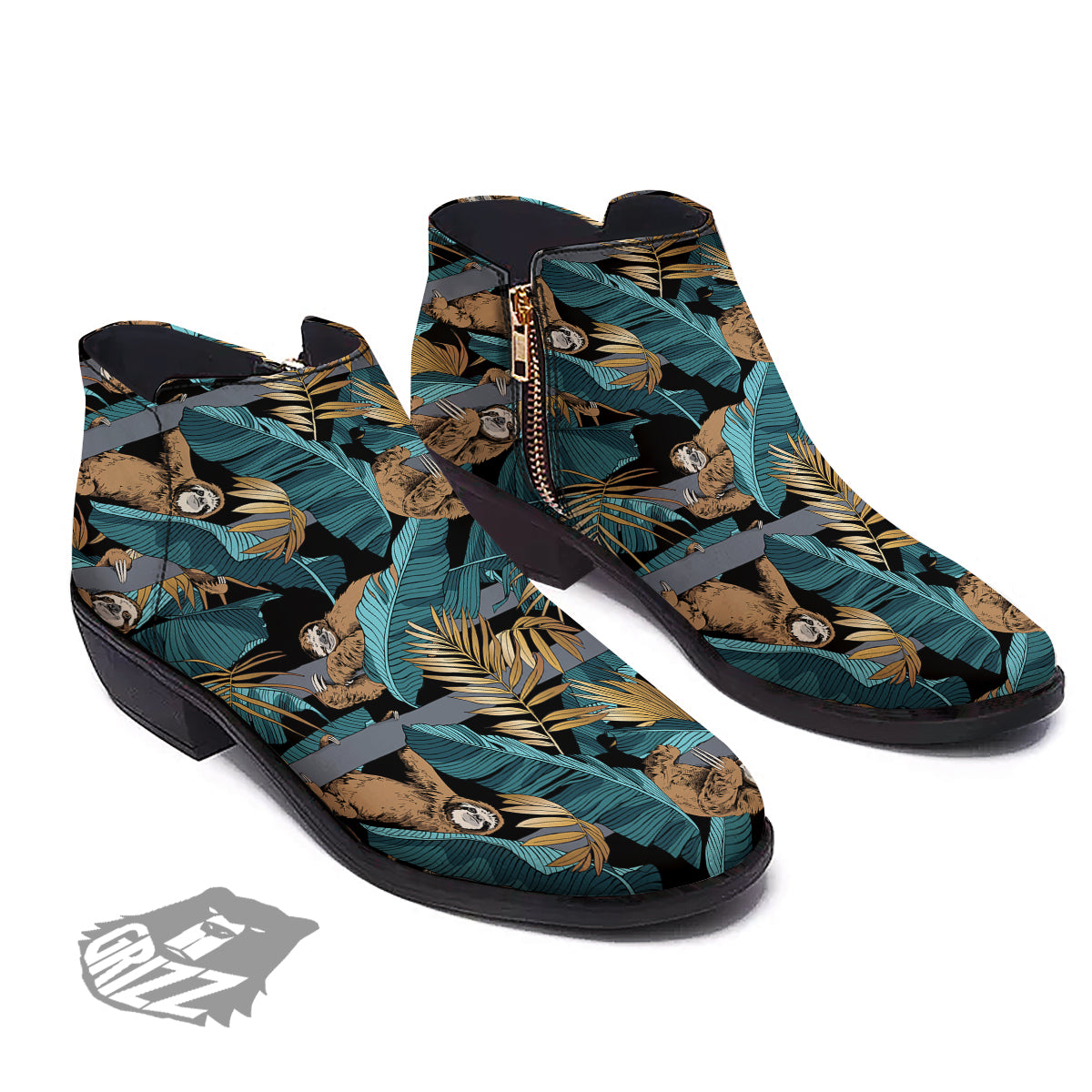 Sloth Tropical Print Pattern Ankle Boots-grizzshop