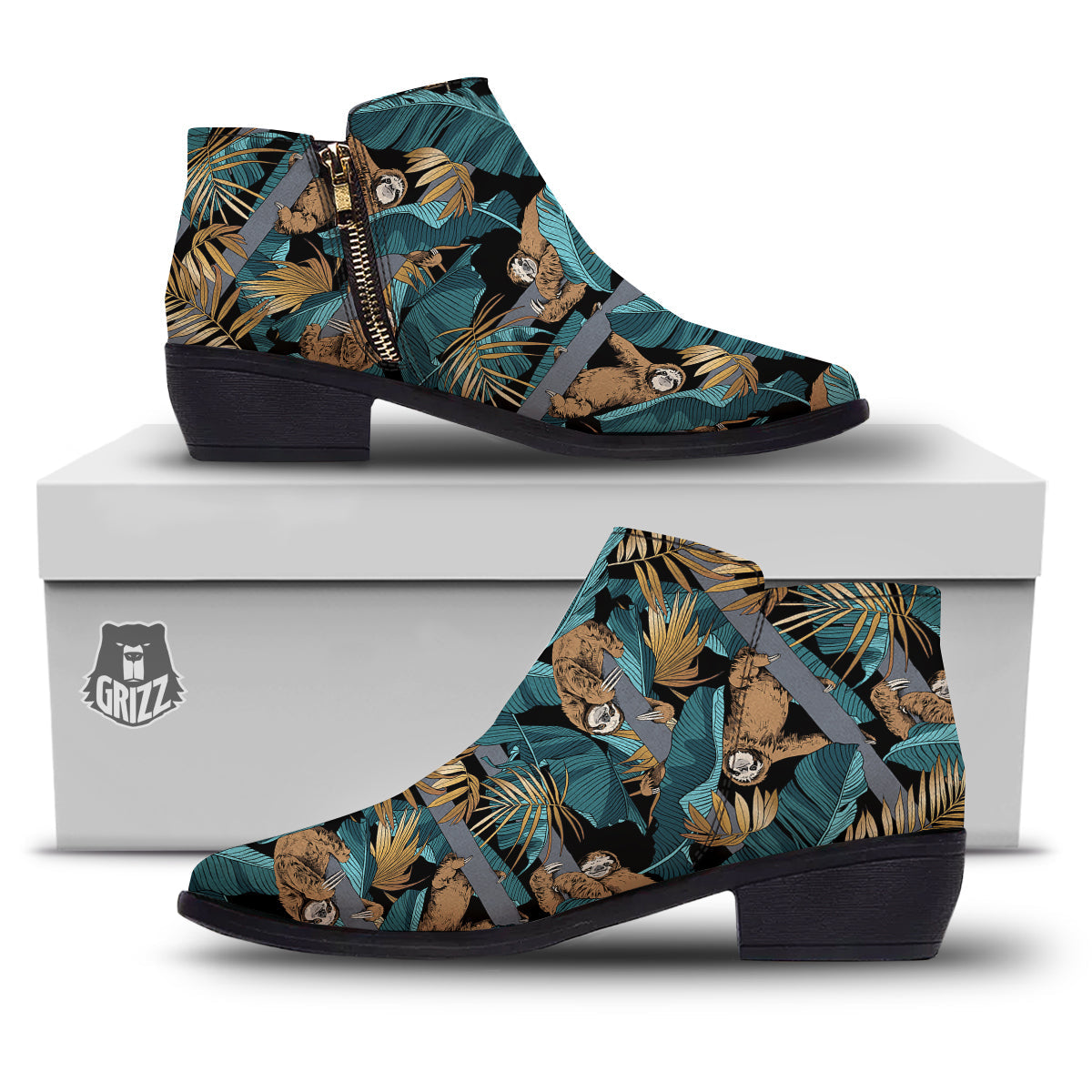 Sloth Tropical Print Pattern Ankle Boots-grizzshop