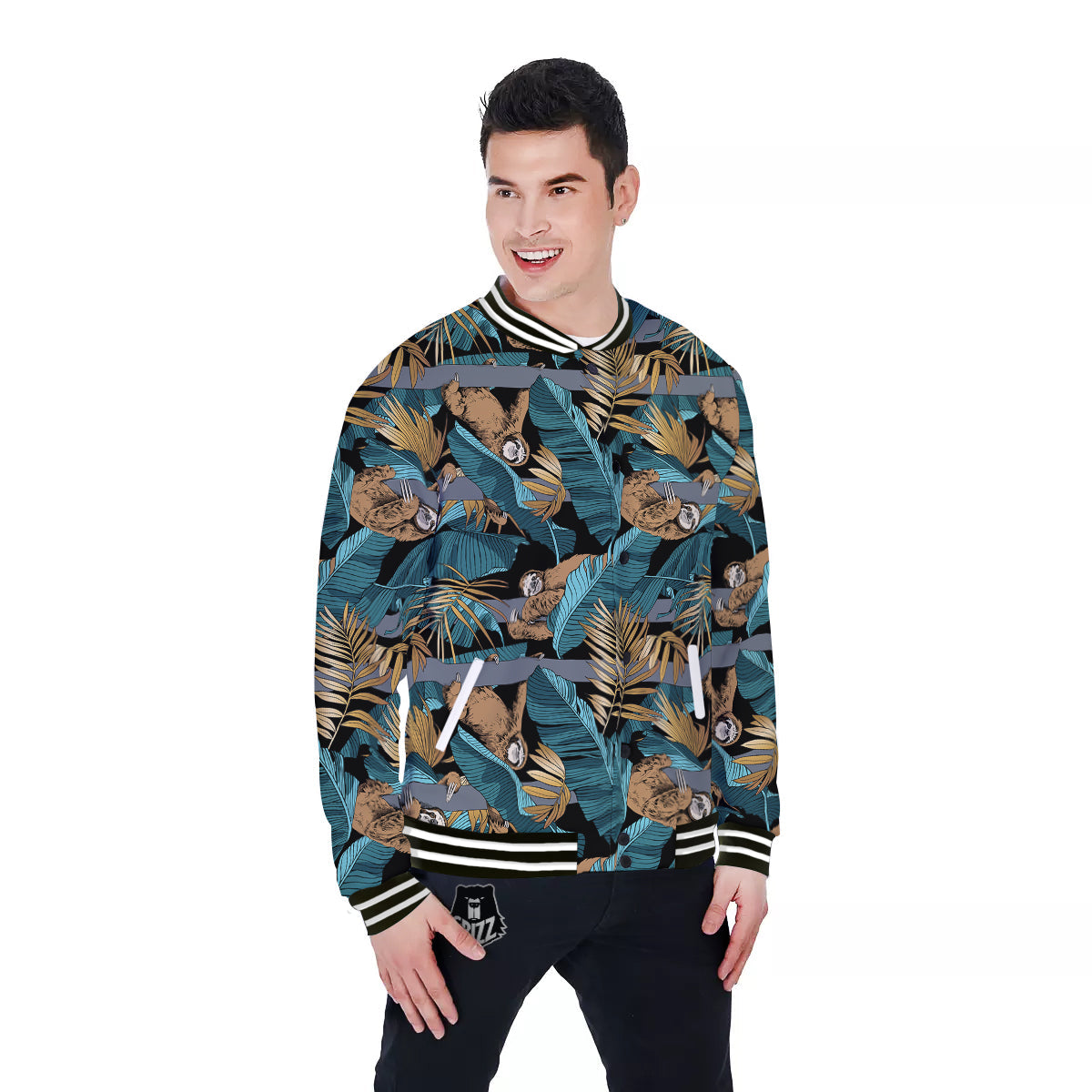 Sloth Tropical Print Pattern Baseball Jacket-grizzshop