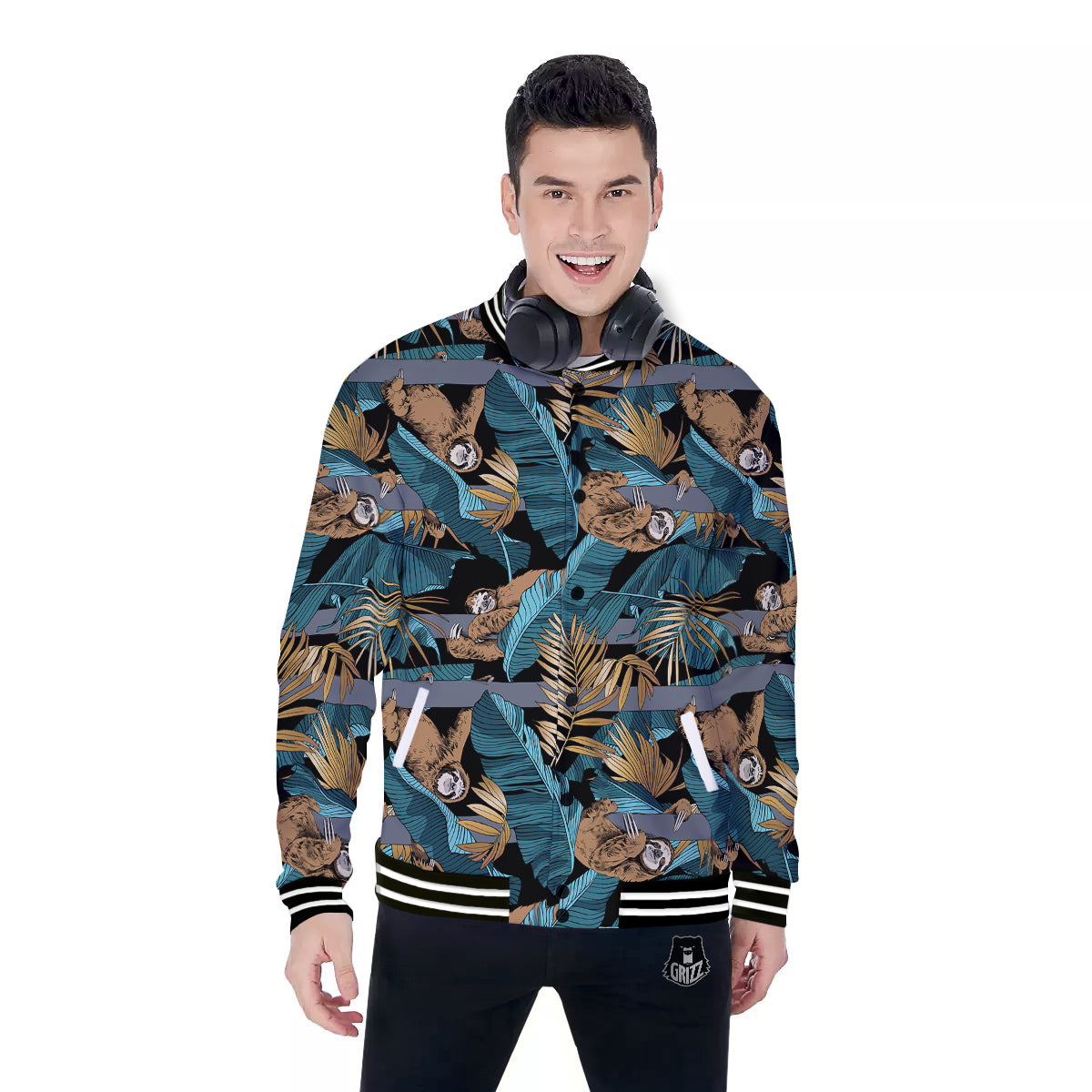 Sloth Tropical Print Pattern Baseball Jacket-grizzshop