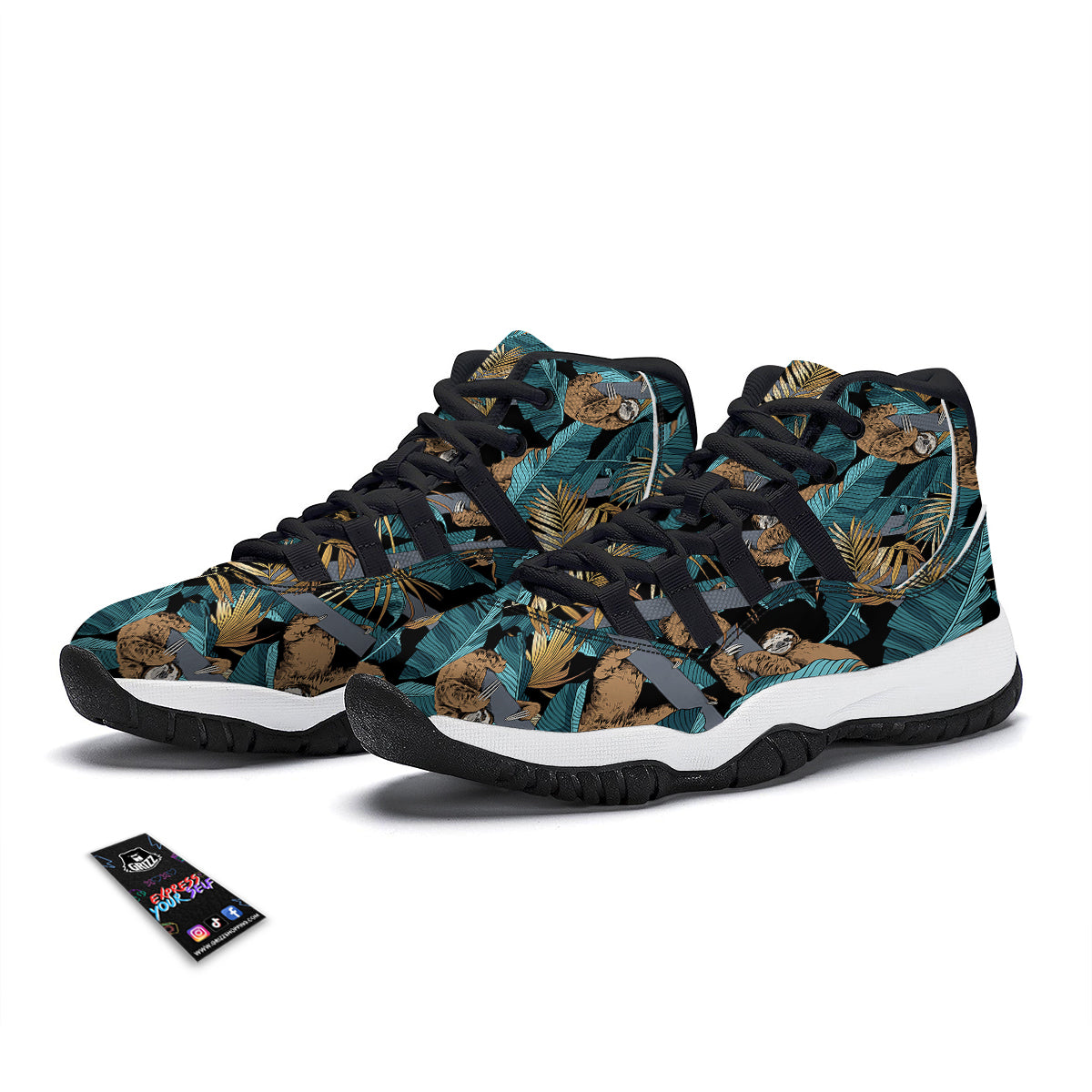 Sloth Tropical Print Pattern Black Bball Shoes-grizzshop