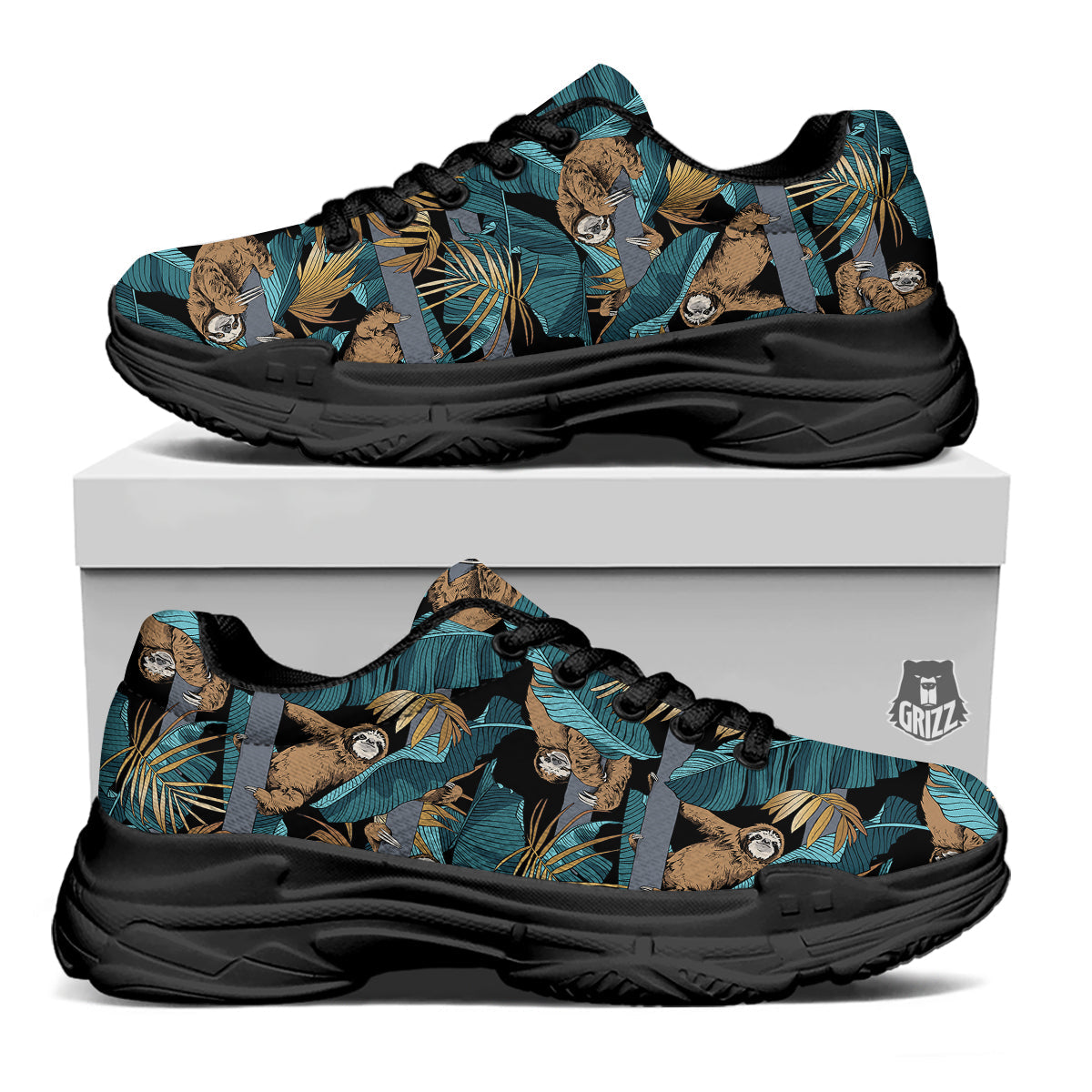 Sloth Tropical Print Pattern Black Chunky Shoes-grizzshop