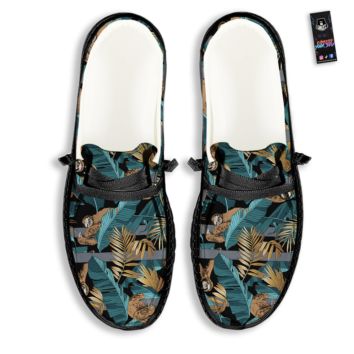 Sloth Tropical Print Pattern Black Loafers-grizzshop