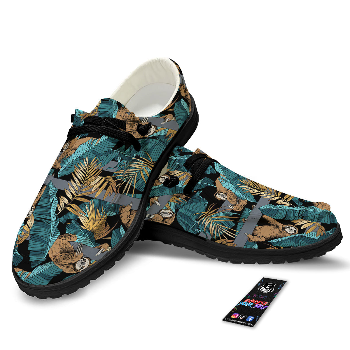 Sloth Tropical Print Pattern Black Loafers-grizzshop
