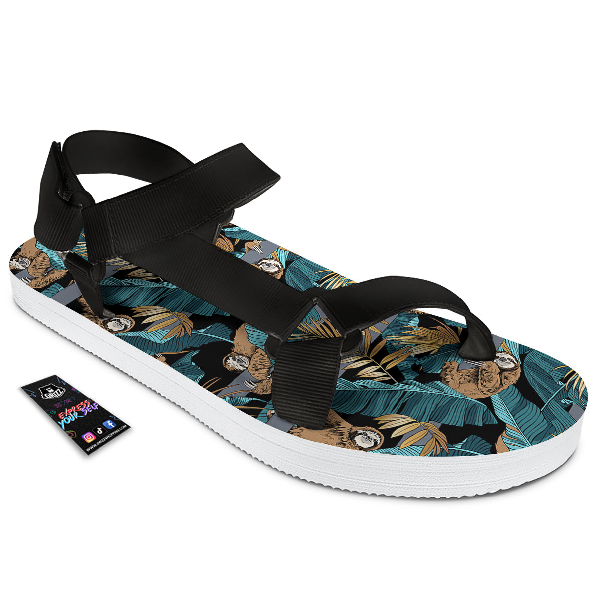 Sloth Tropical Print Pattern Black Open Toe Sandals-grizzshop