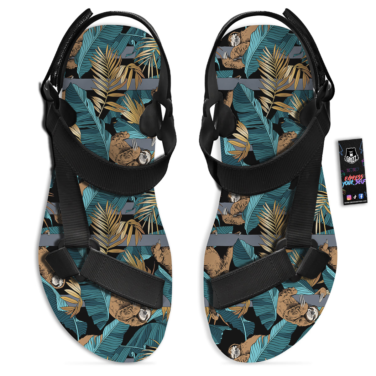Sloth Tropical Print Pattern Black Open Toe Sandals-grizzshop