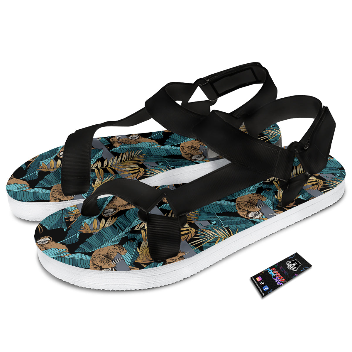 Sloth Tropical Print Pattern Black Open Toe Sandals-grizzshop