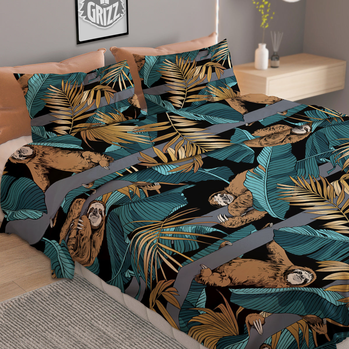 Sloth Tropical Print Pattern Duvet Cover Bedding Set