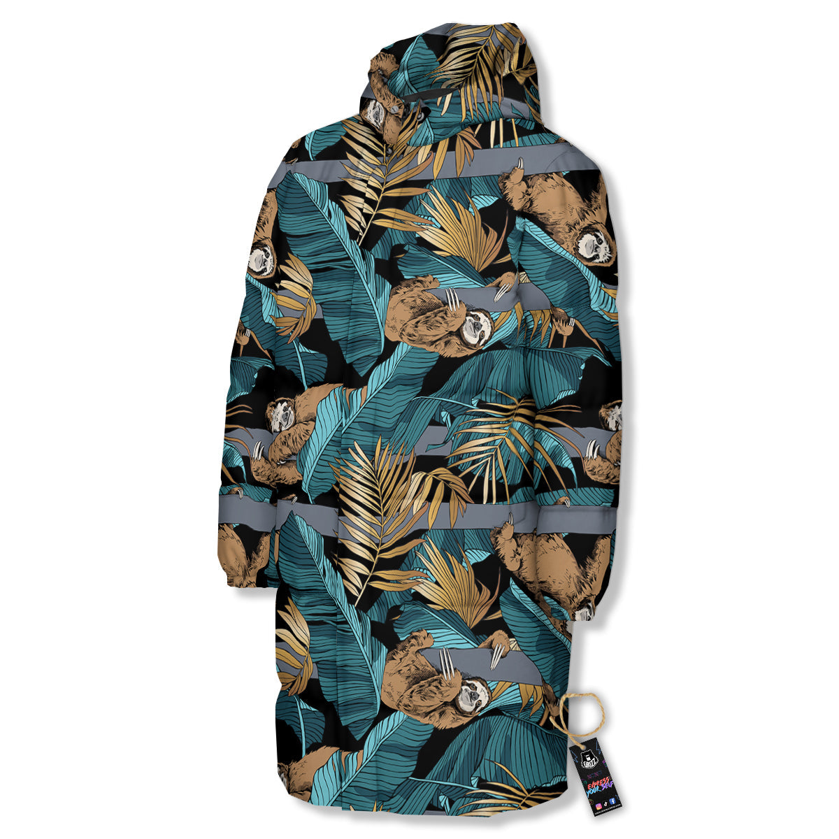 Sloth Tropical Print Pattern Long Down Jacket-grizzshop