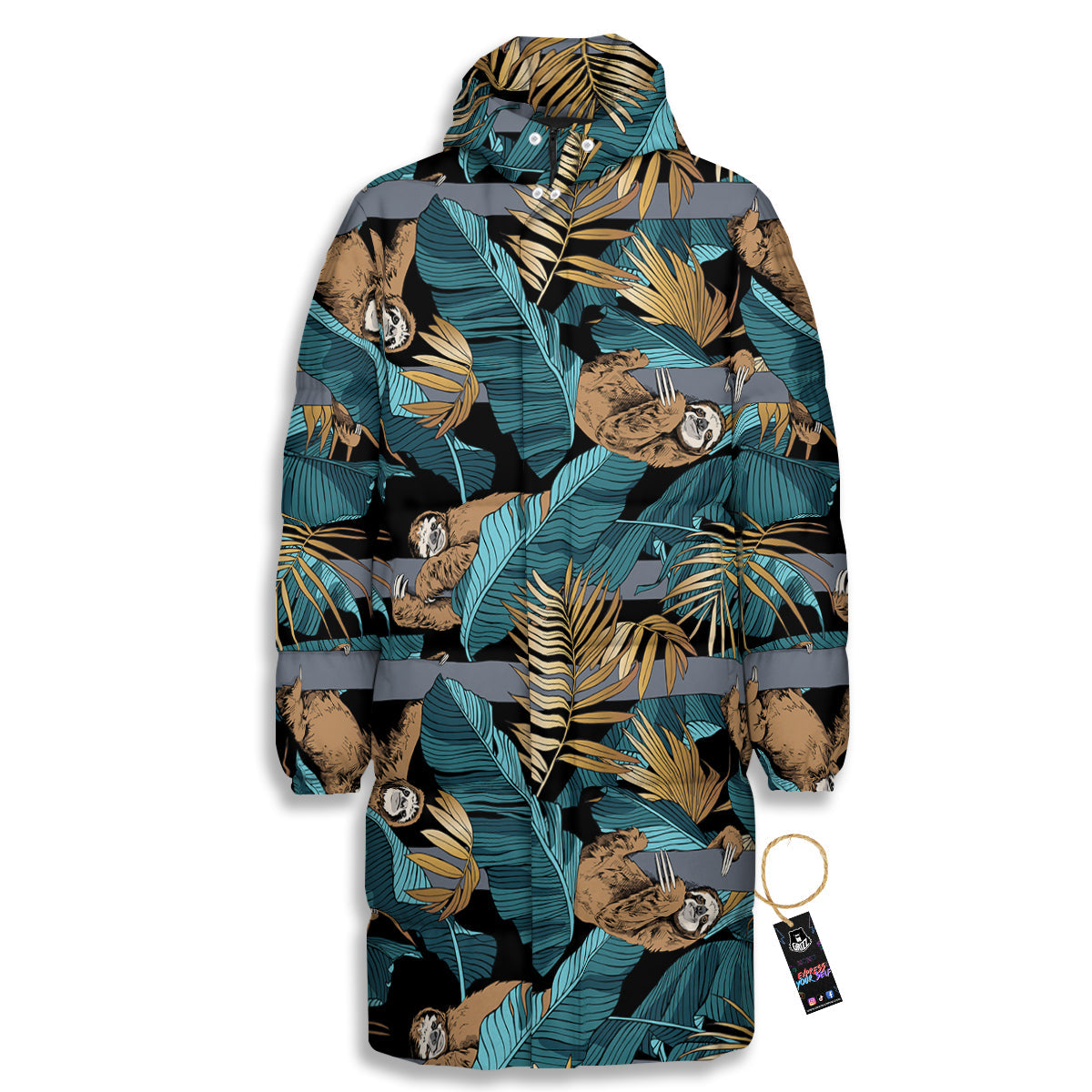 Sloth Tropical Print Pattern Long Down Jacket-grizzshop