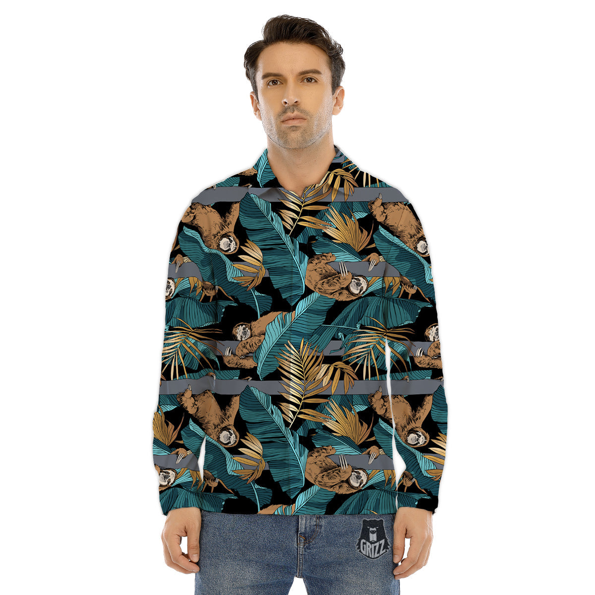 Sloth Tropical Print Pattern Men's Dress Shirts-grizzshop