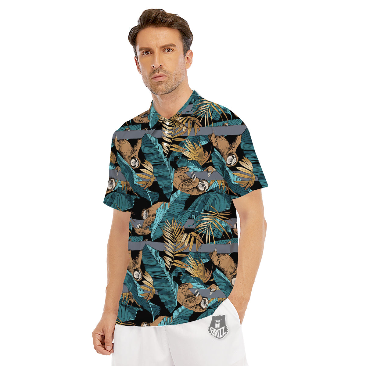 Sloth Tropical Print Pattern Men's Golf Shirts-grizzshop