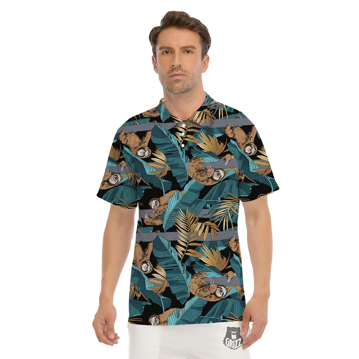 Sloth Tropical Print Pattern Men's Golf Shirts-grizzshop