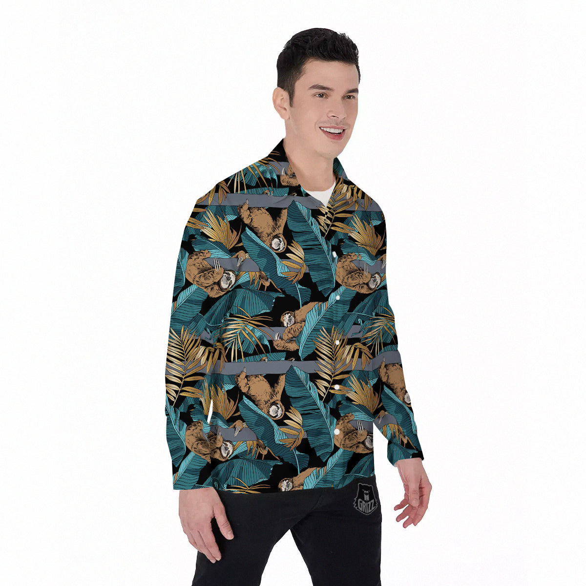 Sloth Tropical Print Pattern Men's Long Sleeve Shirts-grizzshop