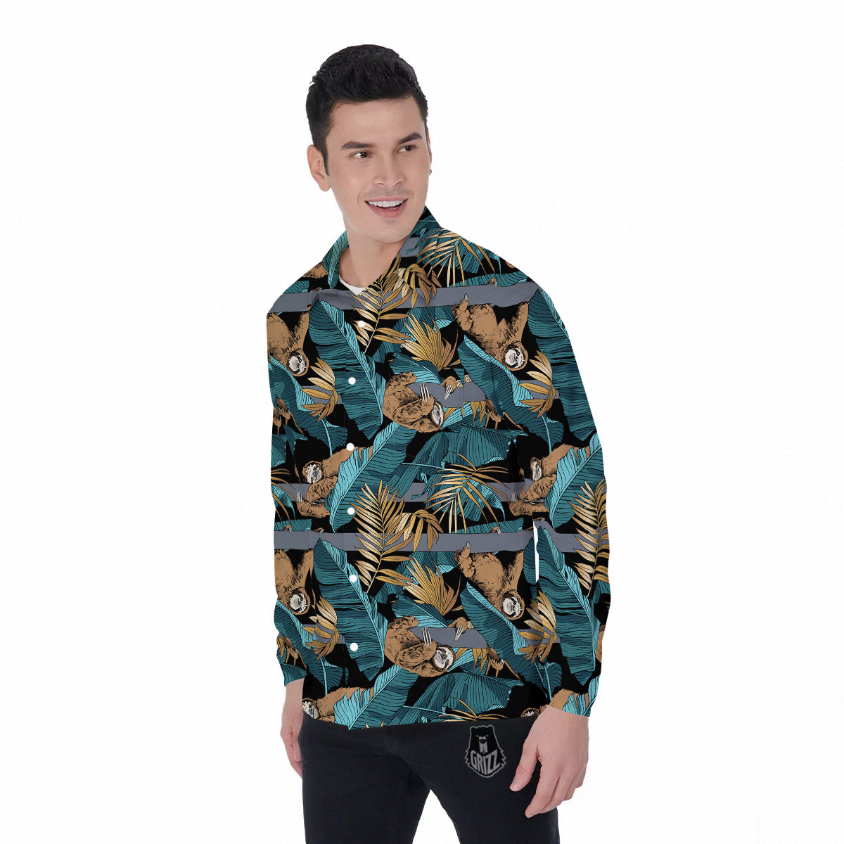 Sloth Tropical Print Pattern Men's Long Sleeve Shirts-grizzshop