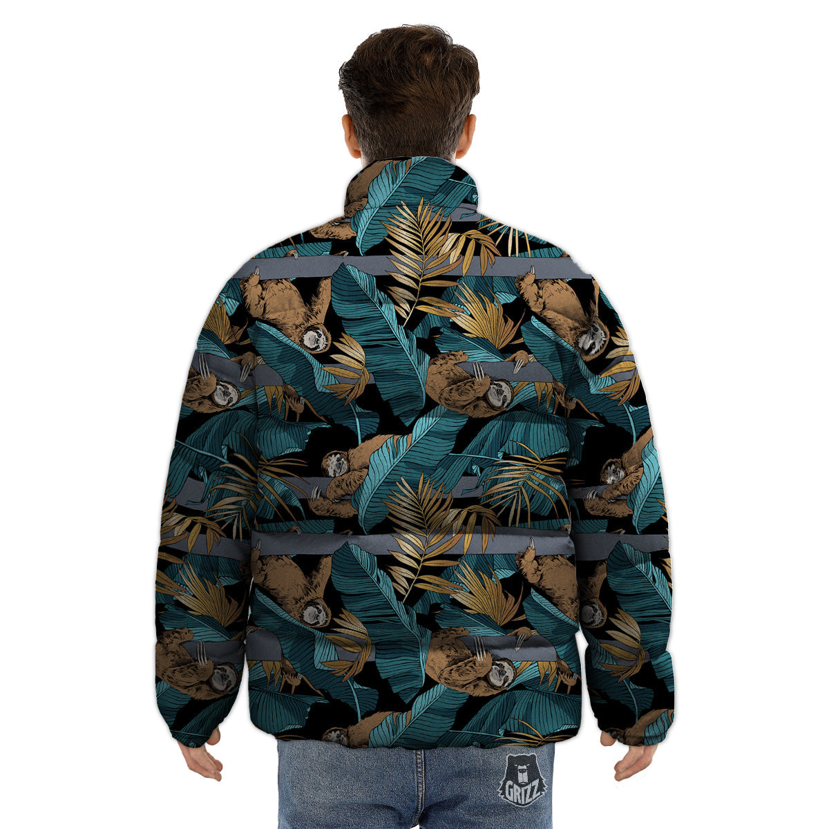 Sloth Tropical Print Pattern Puffer Jacket-grizzshop