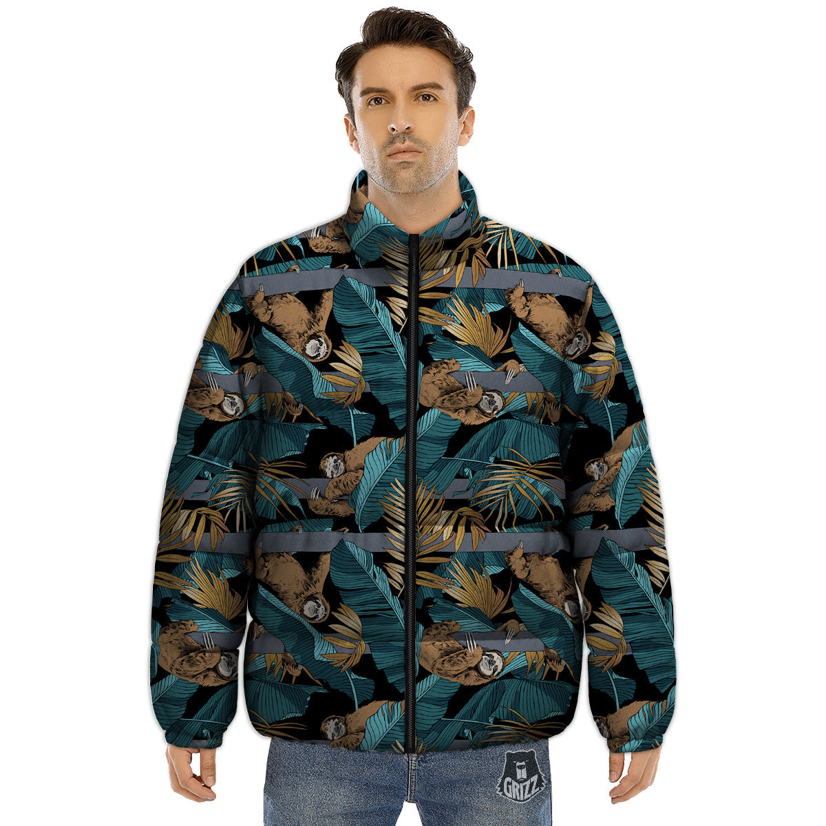 Sloth Tropical Print Pattern Puffer Jacket-grizzshop