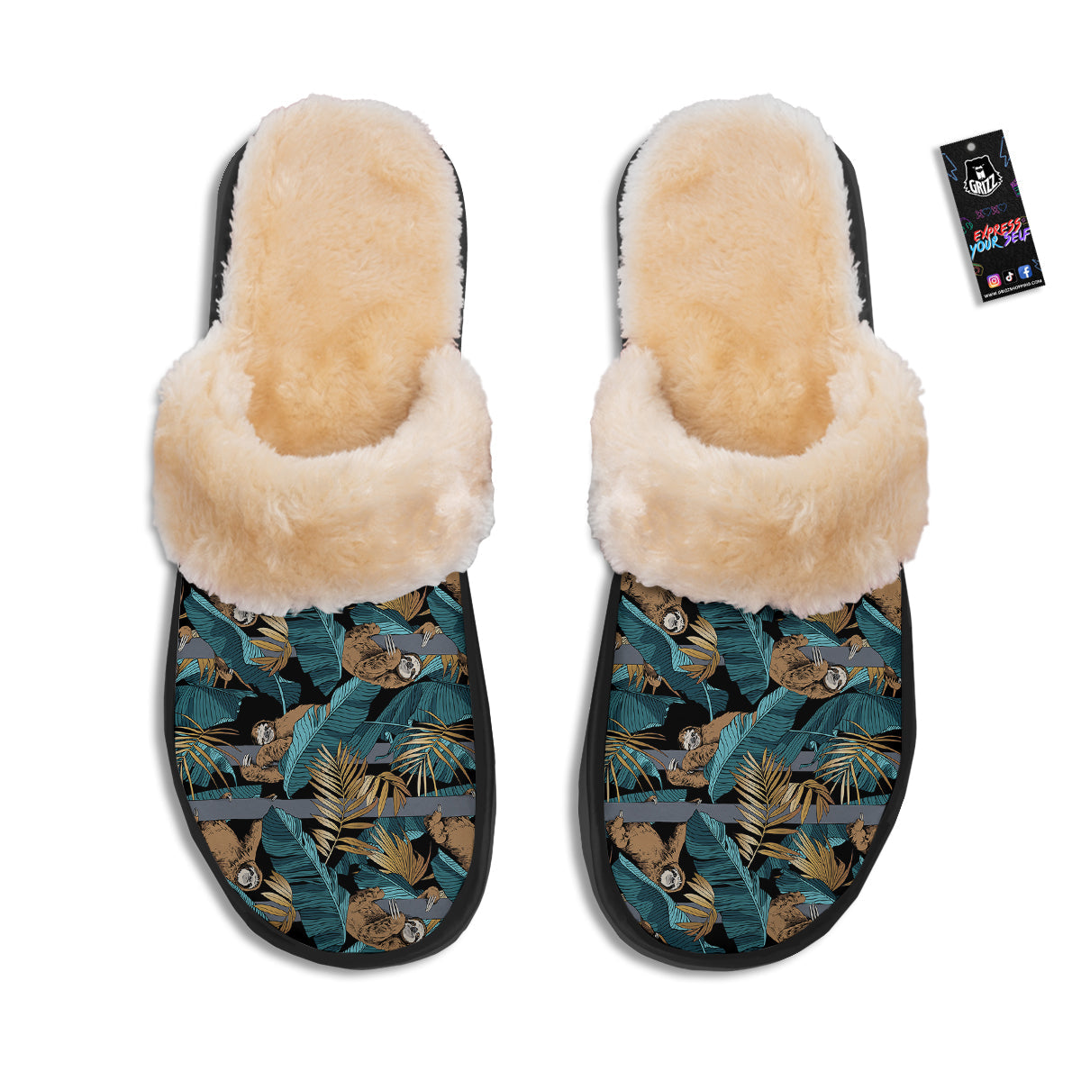 Sloth Tropical Print Pattern Slippers-grizzshop