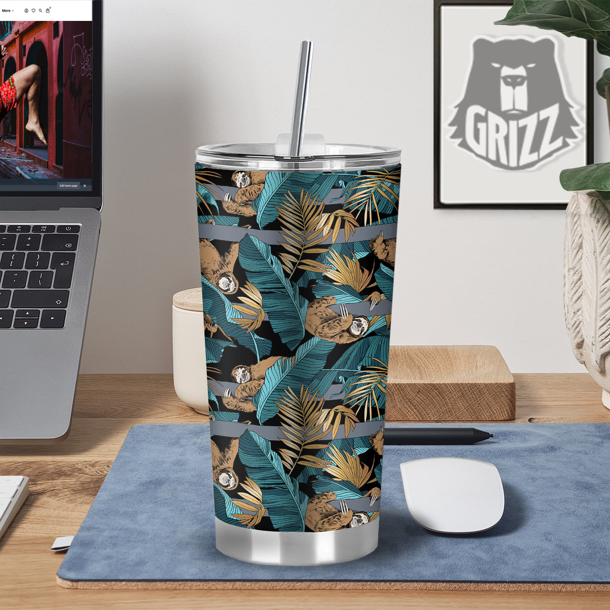 Sloth Tropical Print Pattern Tumbler-grizzshop