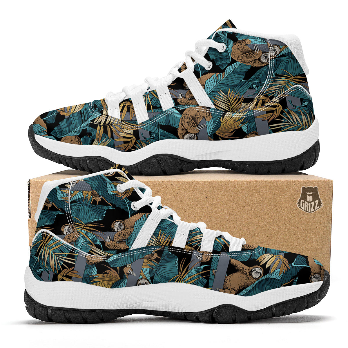 Sloth Tropical Print Pattern White Bball Shoes-grizzshop