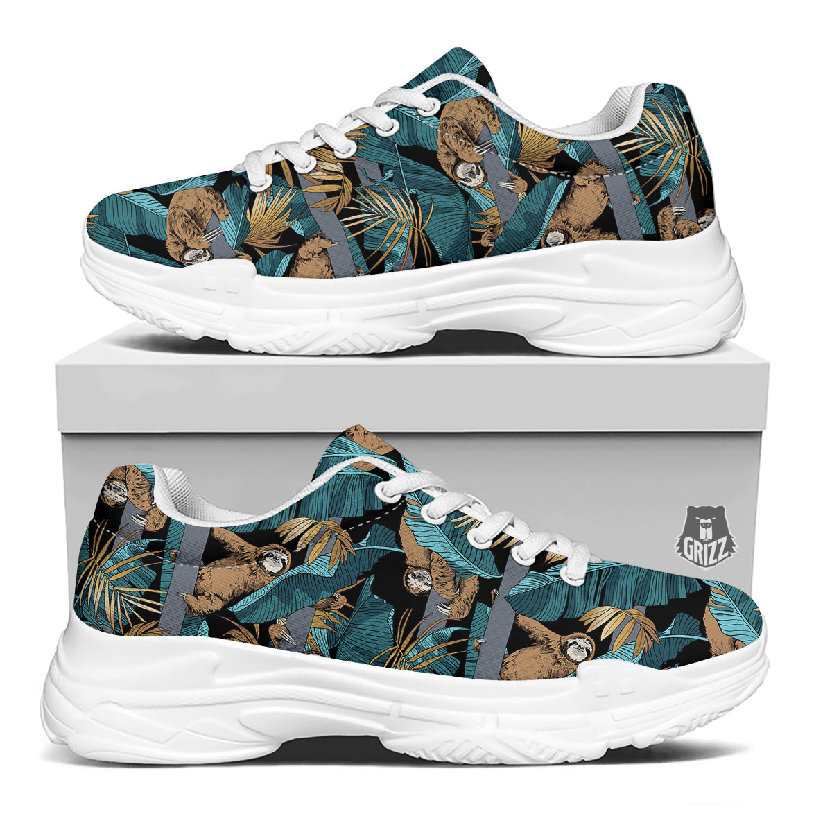 Sloth Tropical Print Pattern White Chunky Shoes-grizzshop