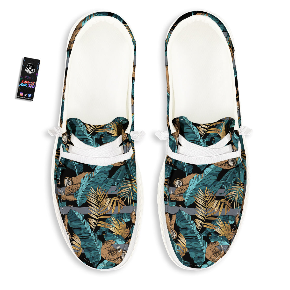 Sloth Tropical Print Pattern White Loafers-grizzshop