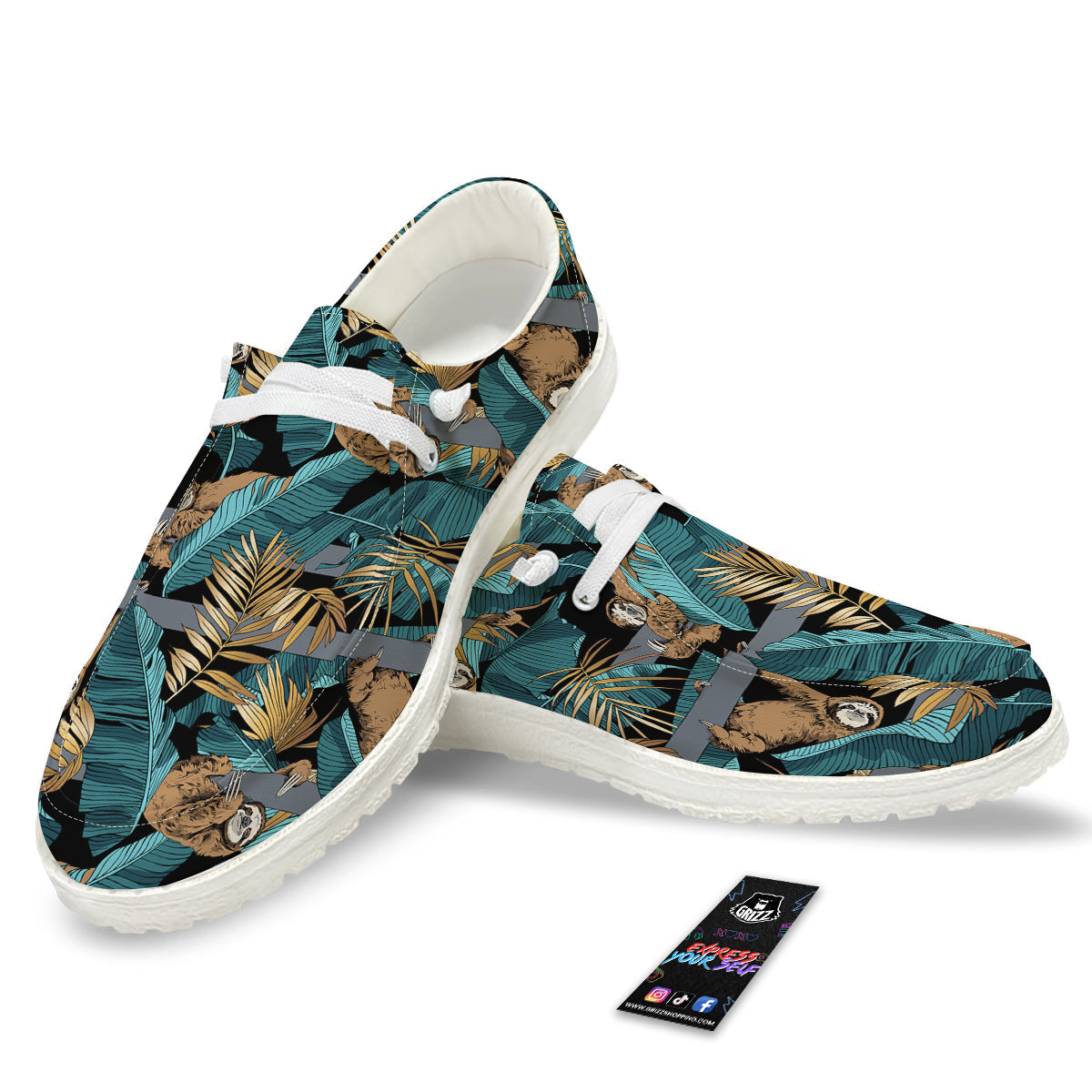 Sloth Tropical Print Pattern White Loafers-grizzshop