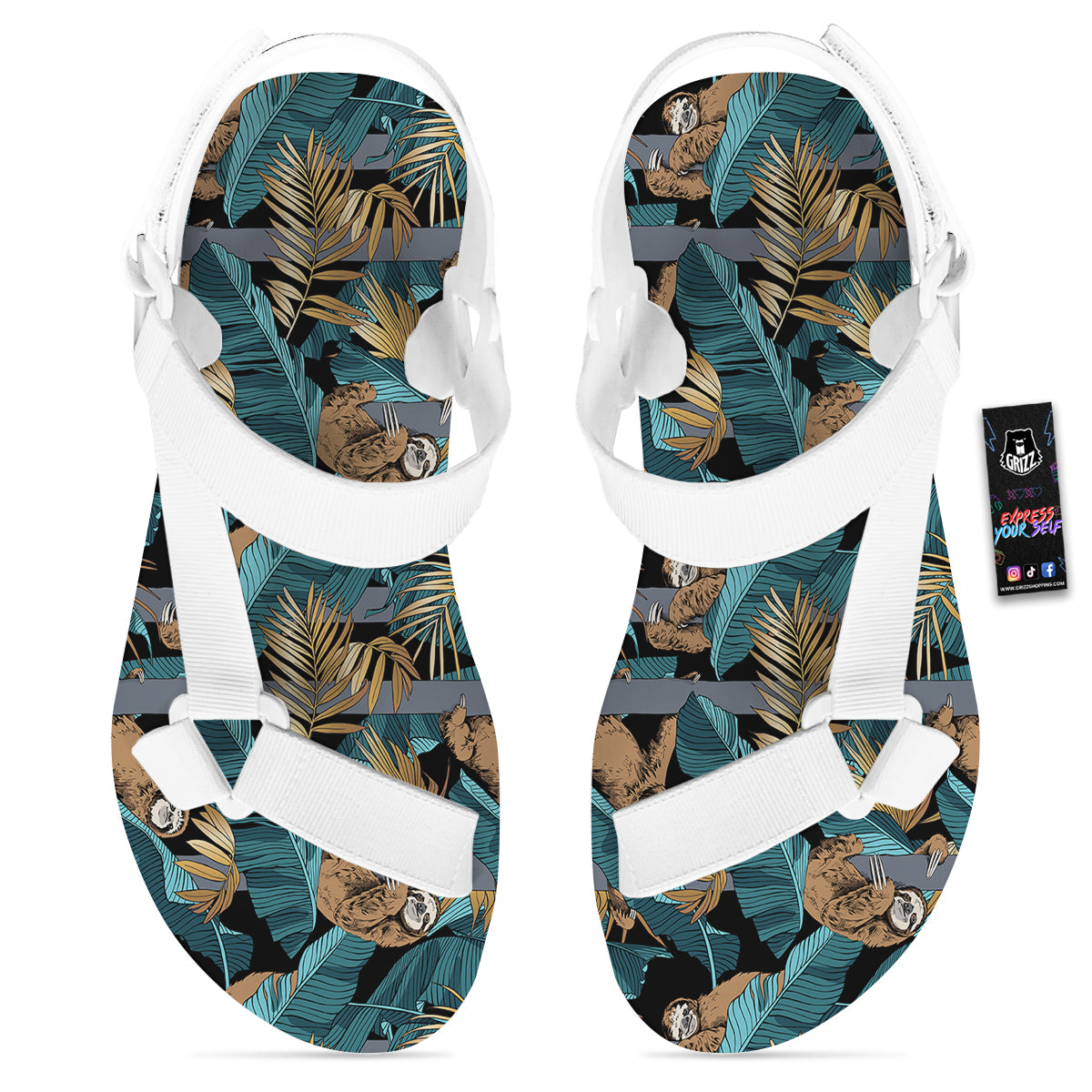 Sloth Tropical Print Pattern White Open Toe Sandals-grizzshop