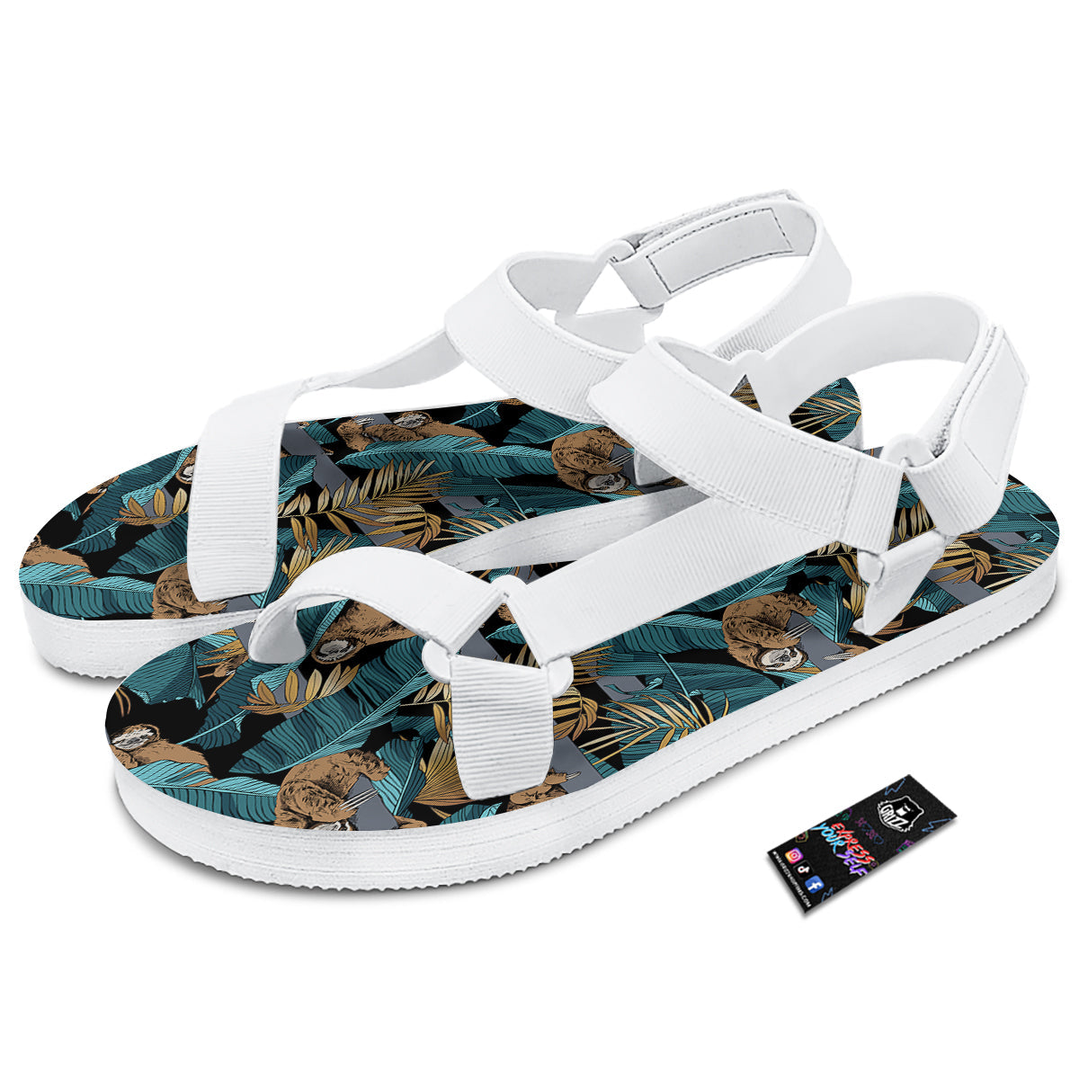 Sloth Tropical Print Pattern White Open Toe Sandals-grizzshop