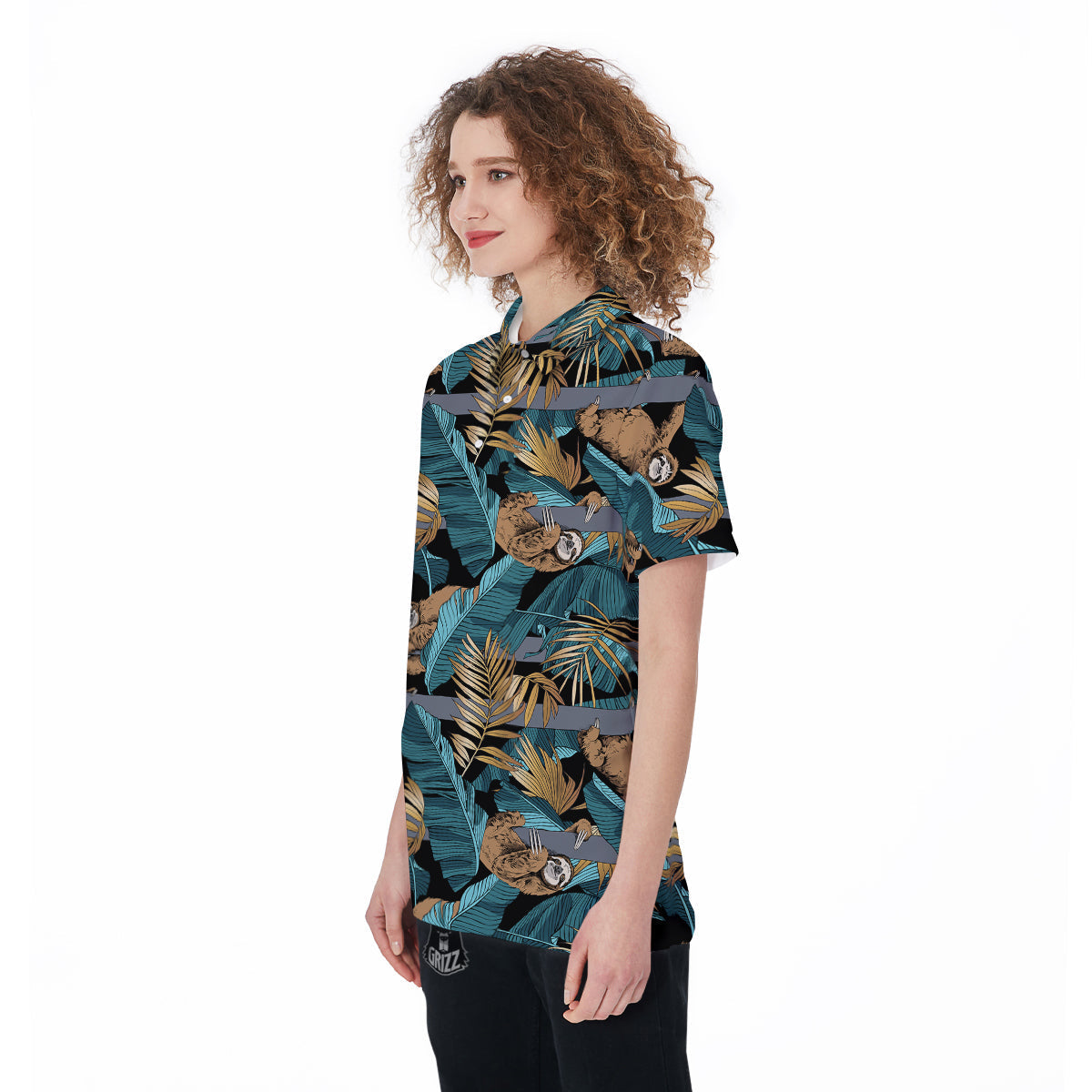 Sloth Tropical Print Pattern Women's Golf Shirts-grizzshop