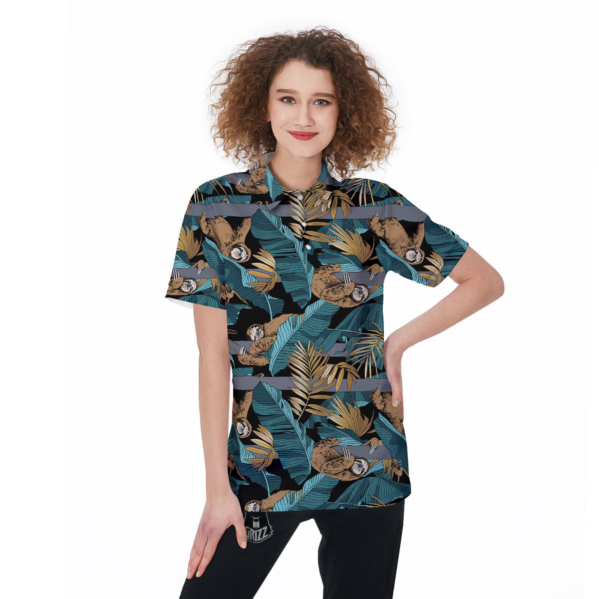 Sloth Tropical Print Pattern Women's Golf Shirts-grizzshop