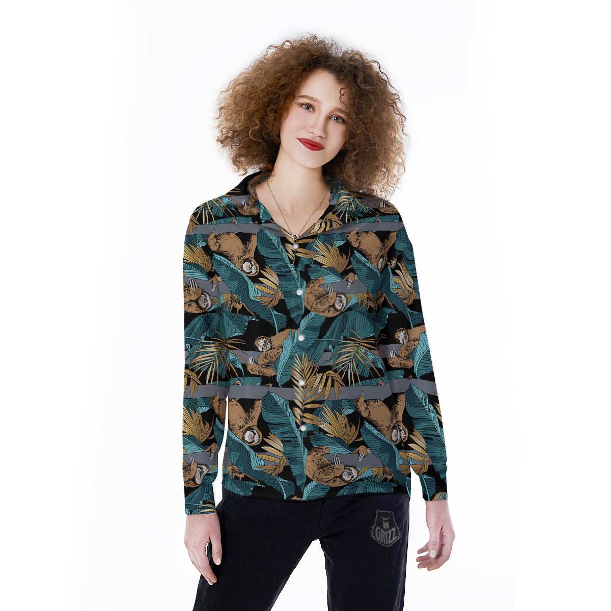 Sloth Tropical Print Pattern Women's Long Sleeve Shirts-grizzshop