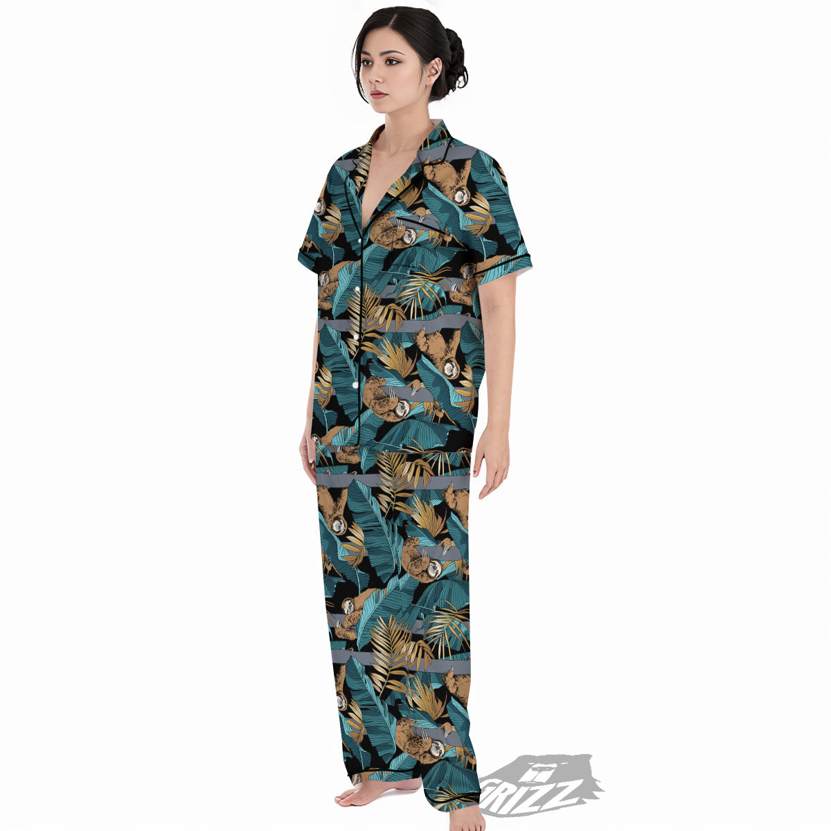 Sloth Tropical Print Pattern Women's Pajamas Set-grizzshop