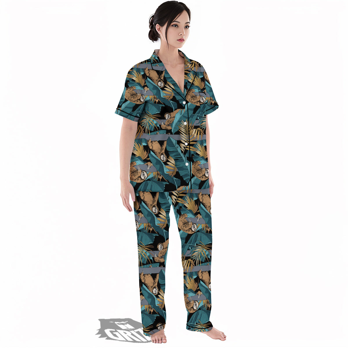 Sloth Tropical Print Pattern Women's Pajamas Set-grizzshop