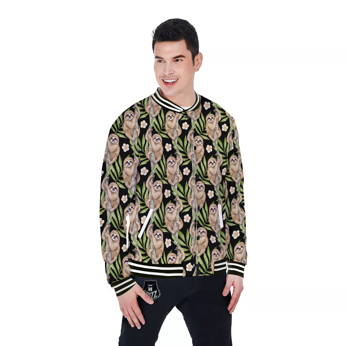 Sloth Watercolor Print Pattern Baseball Jacket-grizzshop