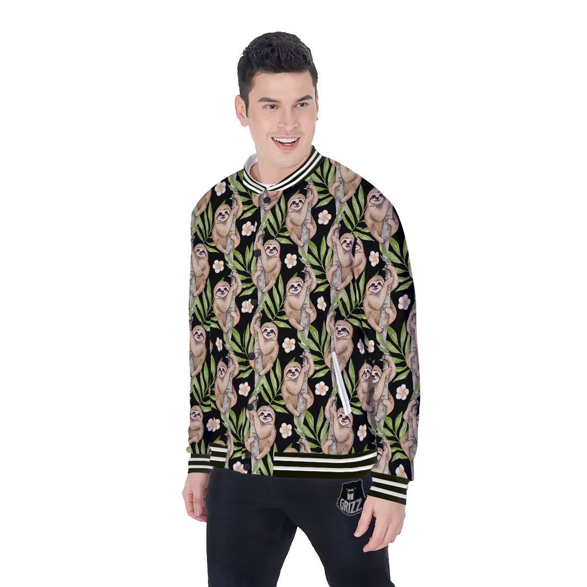 Sloth Watercolor Print Pattern Baseball Jacket-grizzshop